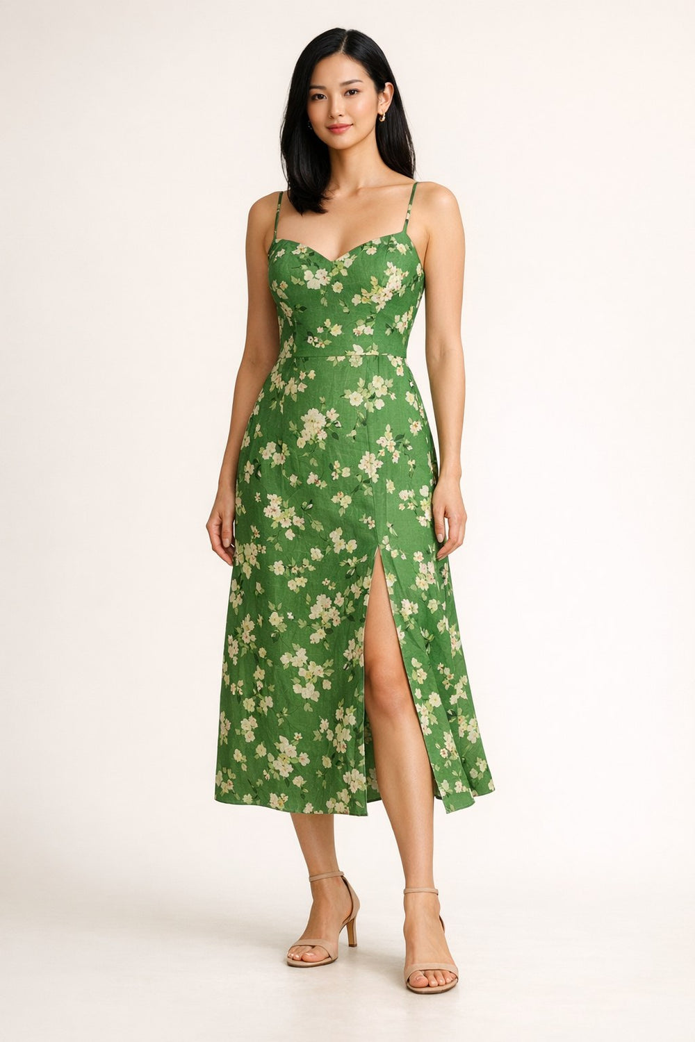 Green Floral Strappy Split Midi Dress