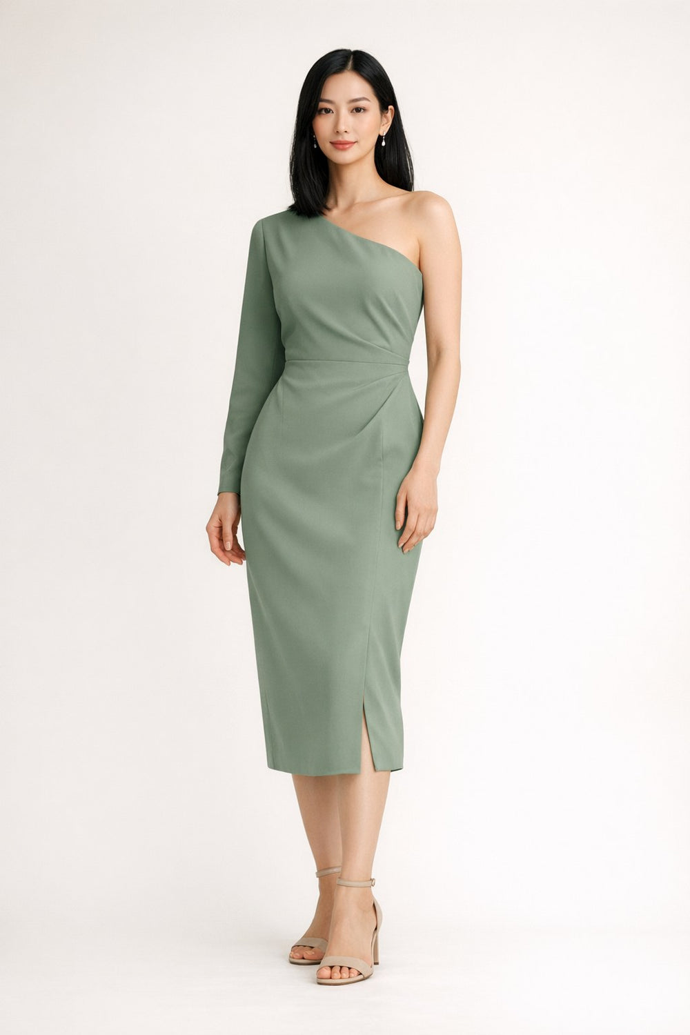Sage Green One-Shoulder Midi Dress