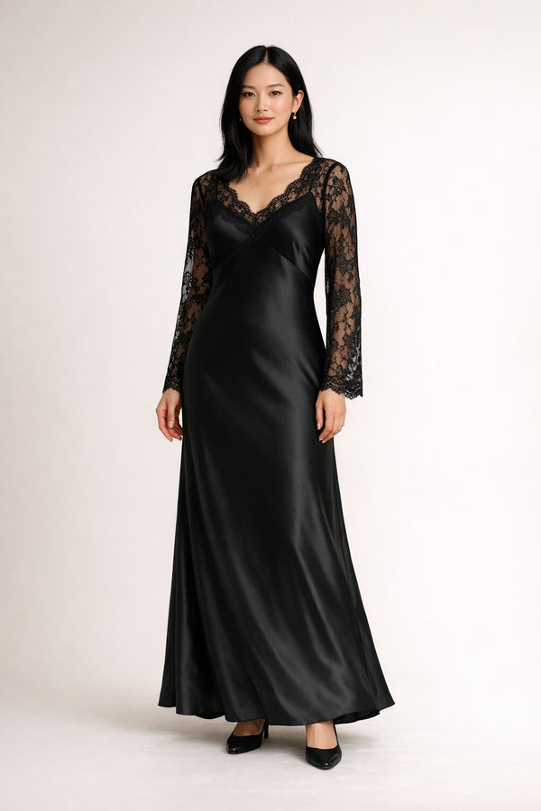 Black Lace-Trim Satin Slip Maxi Dress