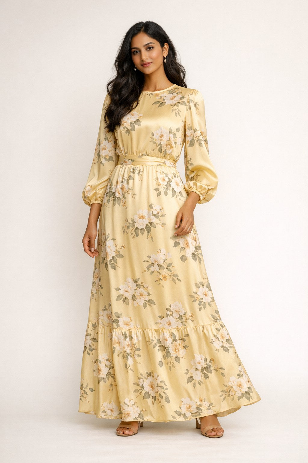 Butter Yellow Floral Satin Maxi Dress