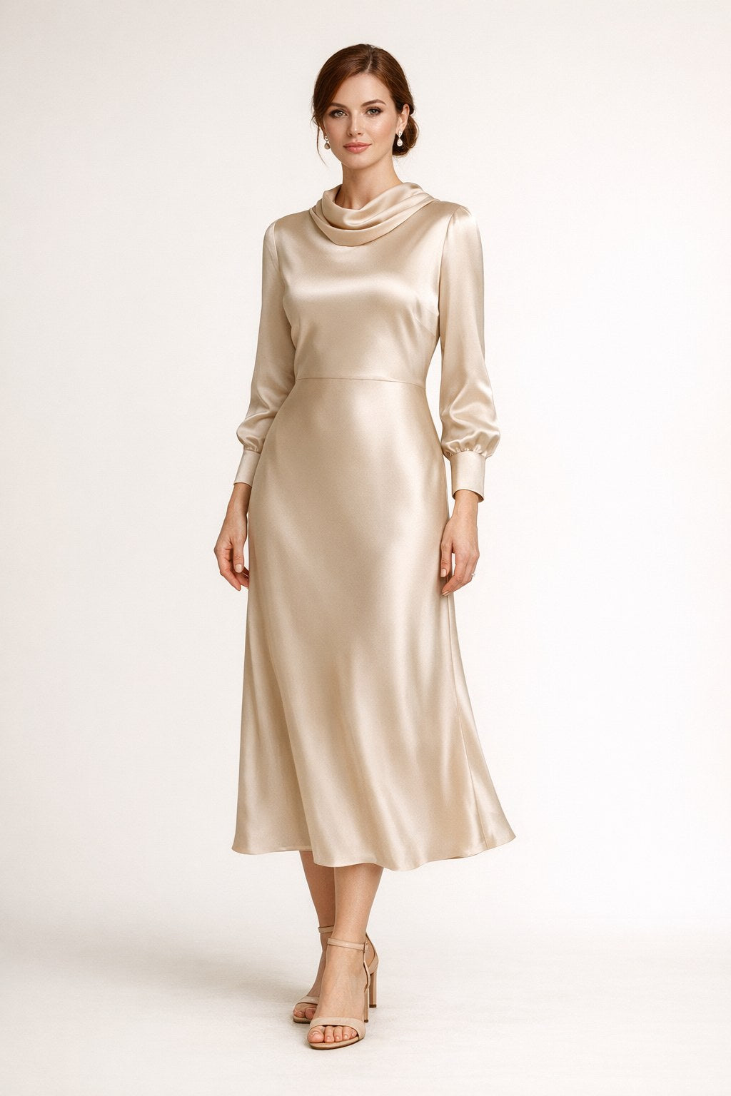 Champagne Satin Midi Slip Dress
