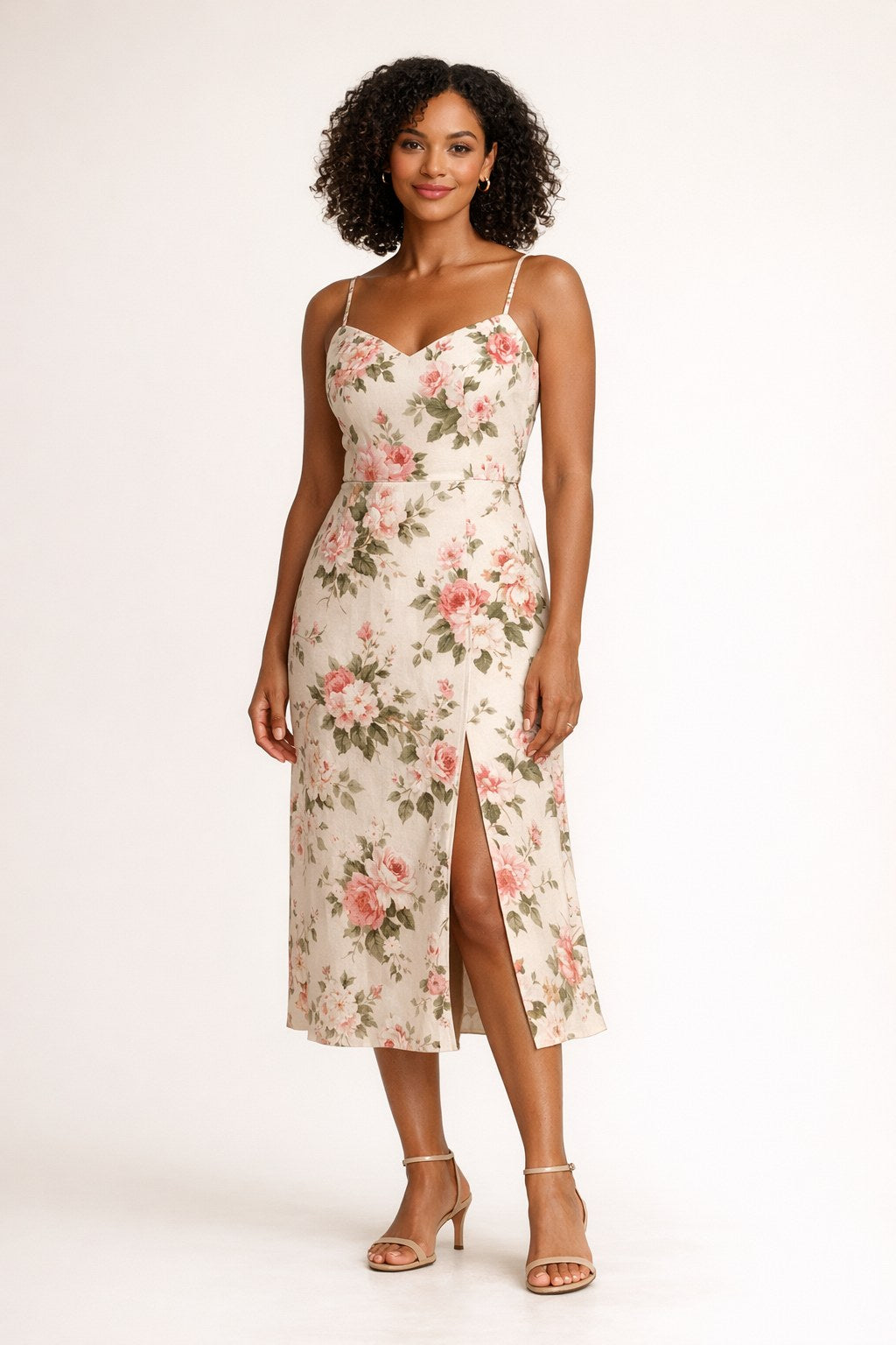 French Floral Camisole Slit Midi Dress