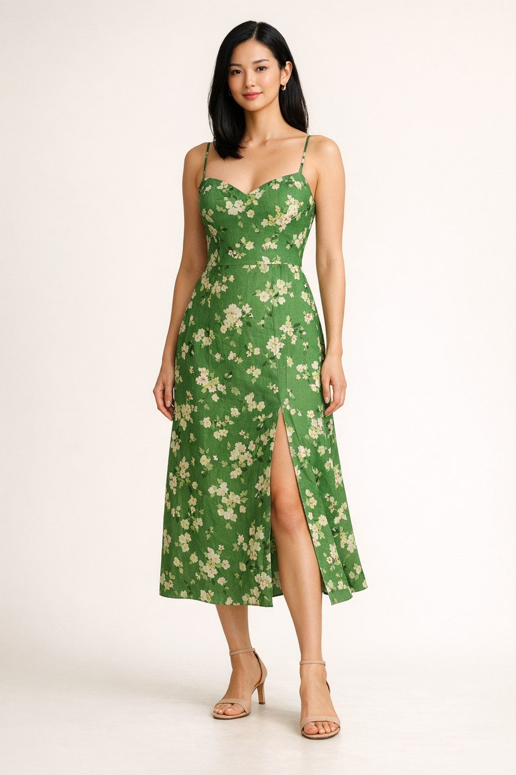 Green Floral Strappy Split Midi Dress
