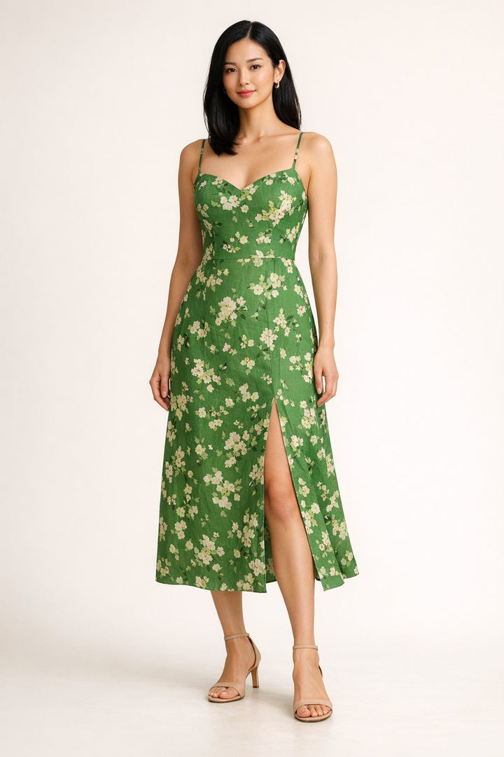 Green Floral Strappy Split Midi Dress