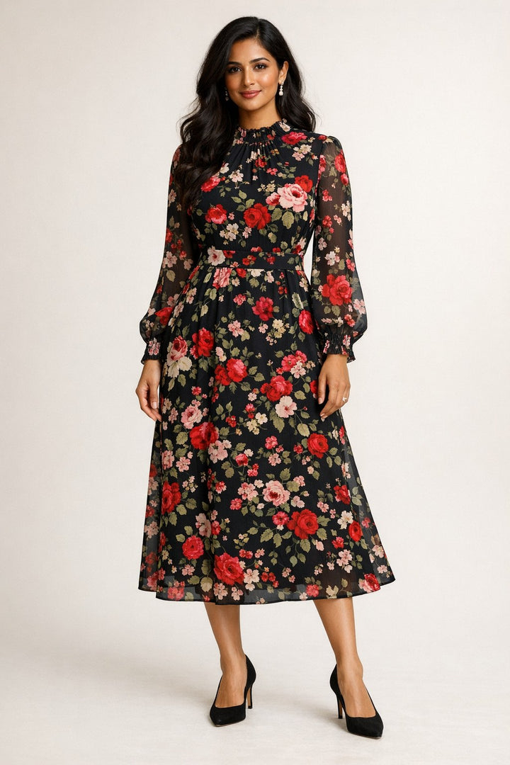 Holiday Floral Long-Sleeve Midi Dress