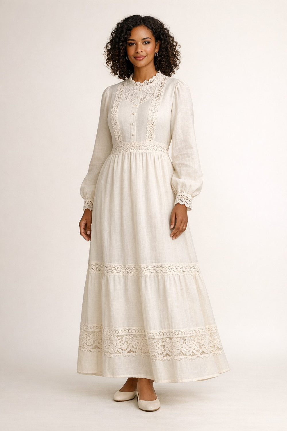 Lace-Trim Linen Maxi Dress