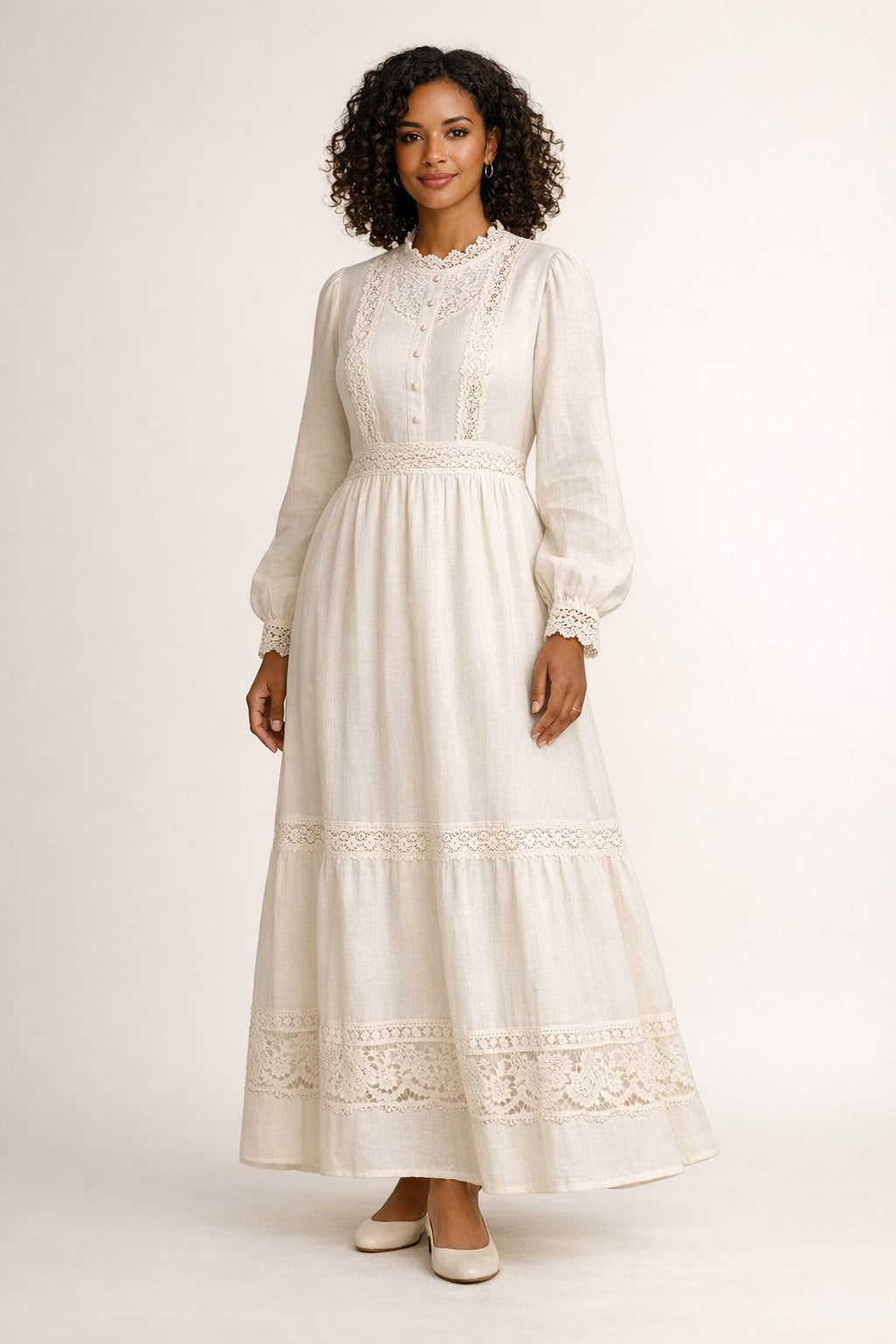 Lace-Trim Linen Maxi Dress