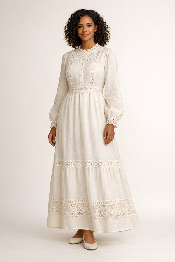 Lace-Trim Linen Maxi Dress