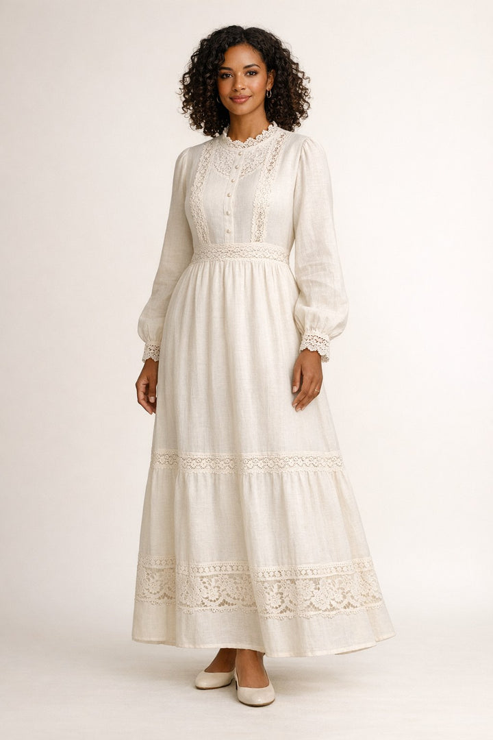 Lace-Trim Linen Maxi Dress
