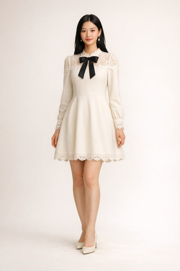 Lace-Trim Ribbon-Bow Babydoll Mini Dress
