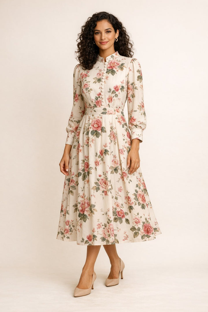 Mandarin Collar Floral Midi Dress