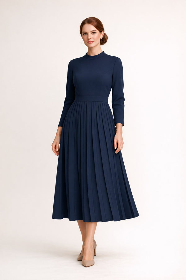 Pleated Solid A-Line Midi Dress