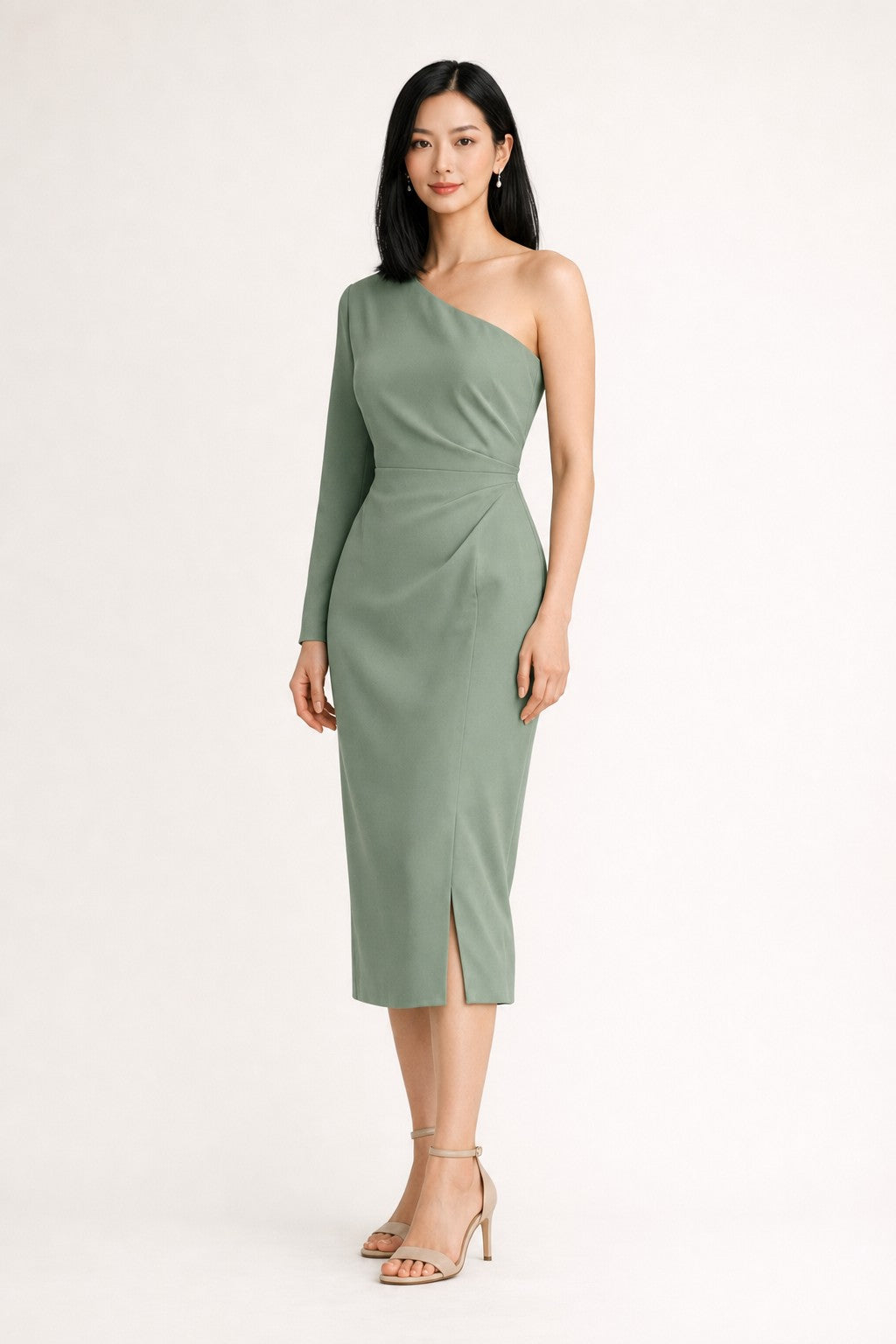 Mintrove AI supplemental | sage-green-one-shoulder-midi-dress | three-quarter-left | 0eccb5fa5a00