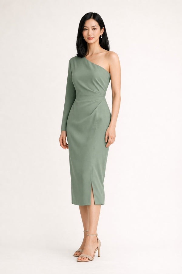 Sage Green One-Shoulder Midi Dress