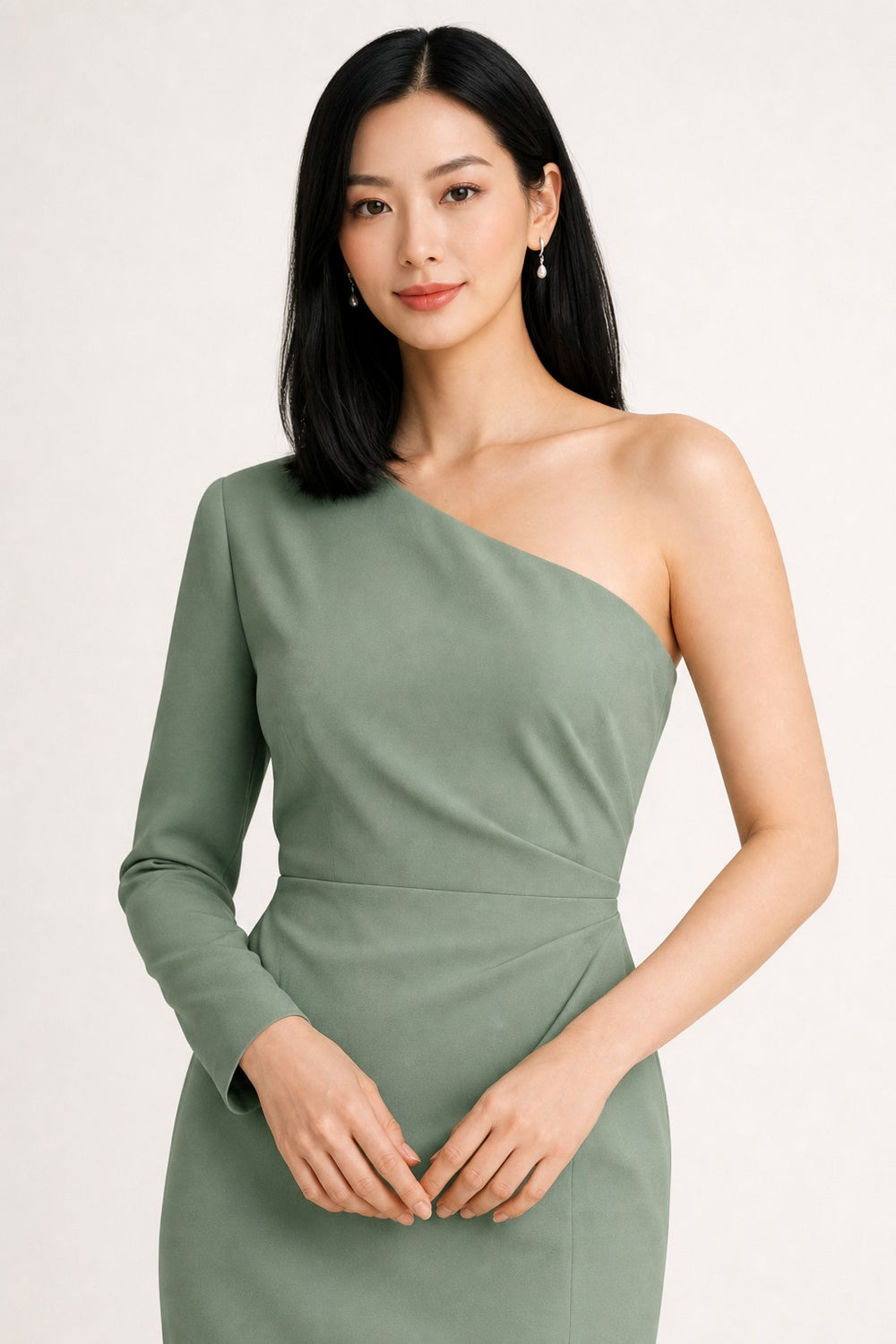 Mintrove AI supplemental | sage-green-one-shoulder-midi-dress | waist-up-detail | 1c1b94818dc2