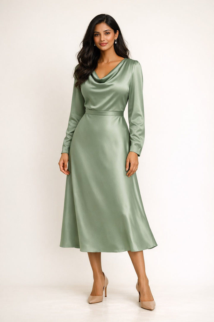 Sage Green Satin Cowl Midi Dress