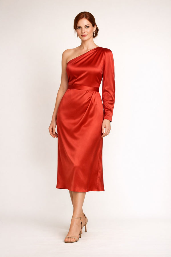 Tomato Red One-Shoulder Satin Midi Dress