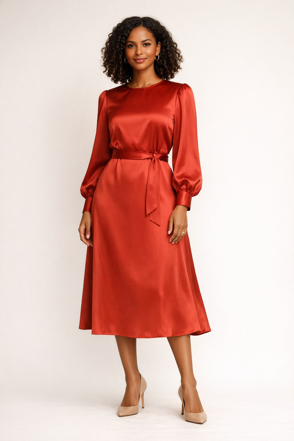 Tomato Red Satin Midi Dress